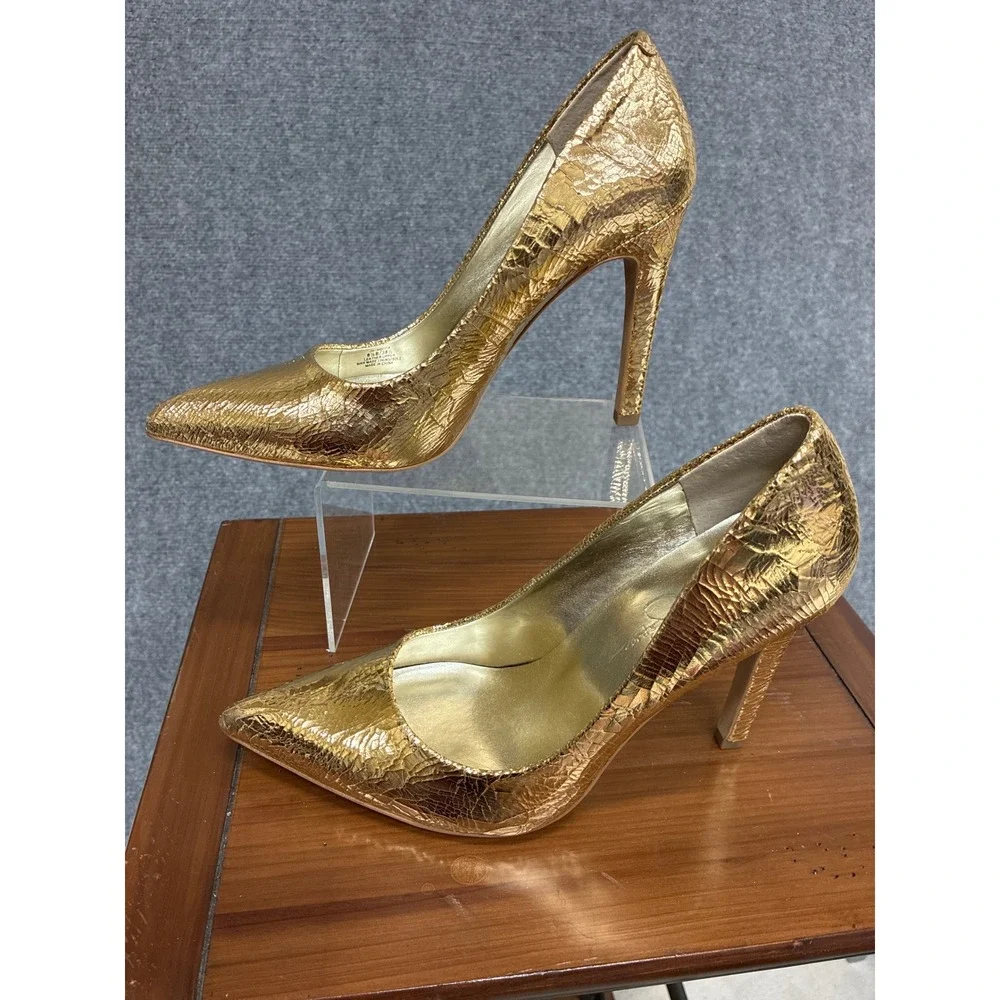 Jessica Simpson Nolita Gold Metallic Snakeskin Embossed Pointed Toe Pumps 8.5B
